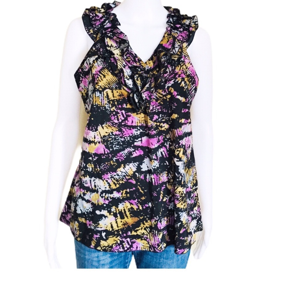 SPENSE (Nordstrom) Watercolour Sleeveless Ruffle Front Blouse Purple Size Medium